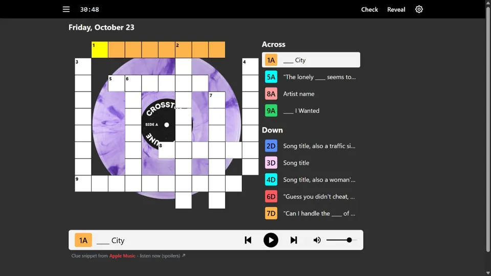 Crosstune crossword grid over a purple record, with music clues and audio controls