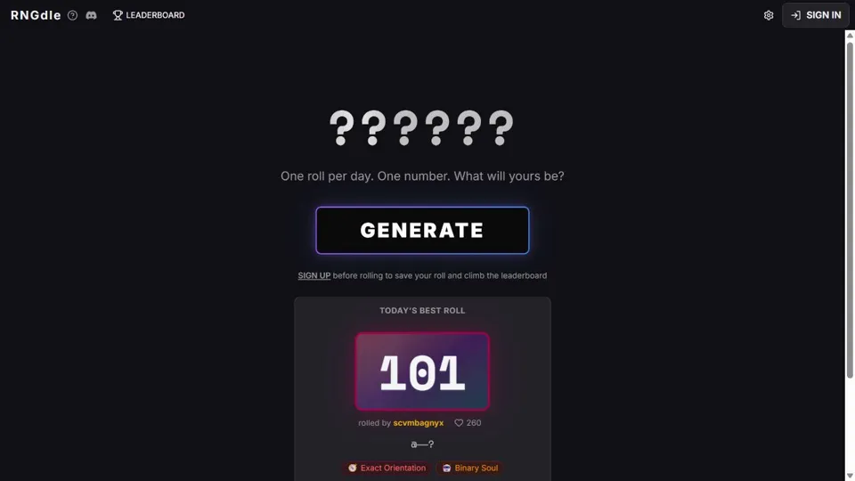 RNGdle number generator and daily badge results